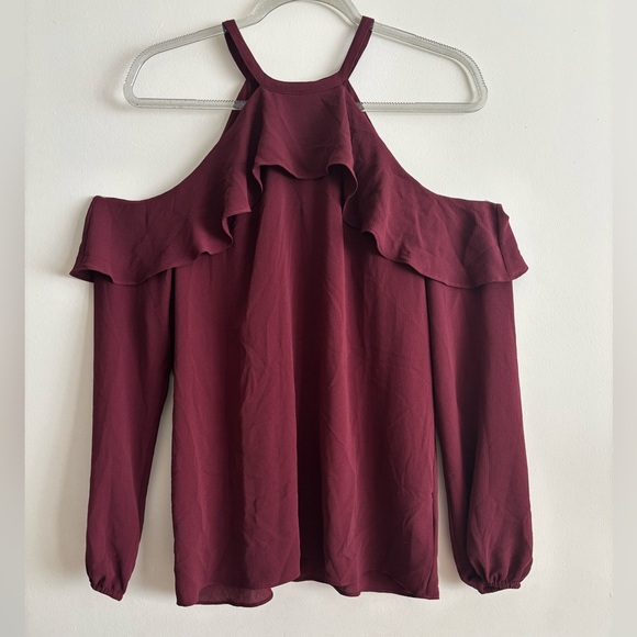 Michael Kors Tops - Michael Kors Burgundy Women’s Long Sleeve Cold-Shoulder Ruffle Blouse Size M